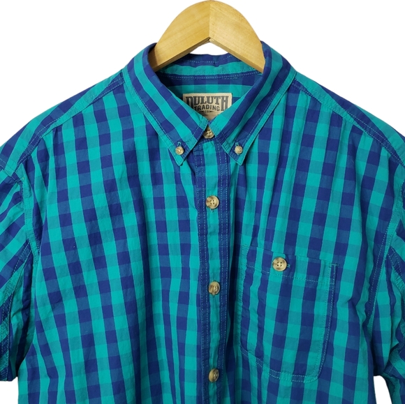 Duluth Trading Co Blue Teal Check Plaid Short Sleeve Button Down Collar, Large - Picture 3 of 12